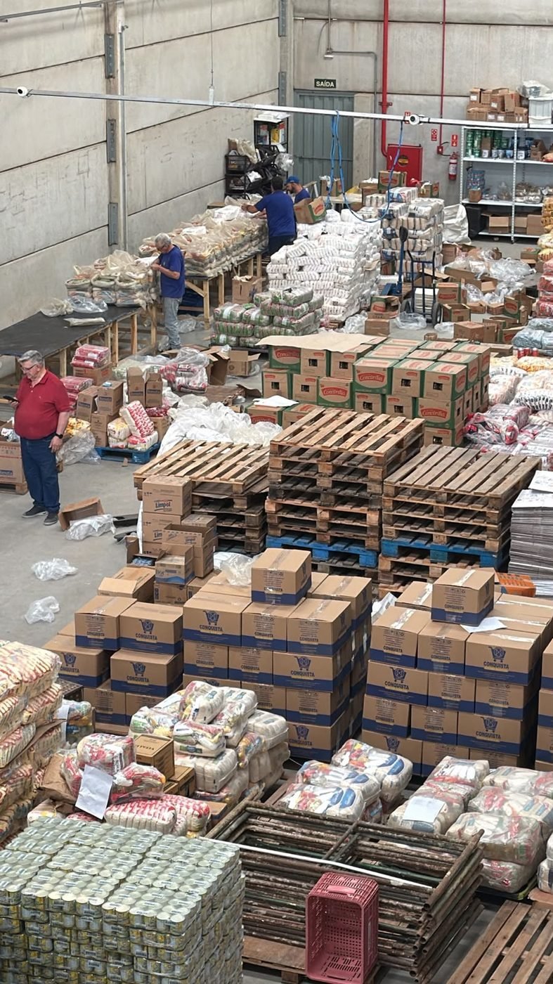 Estoque de cestas básicas em paletes no galpão Conquista