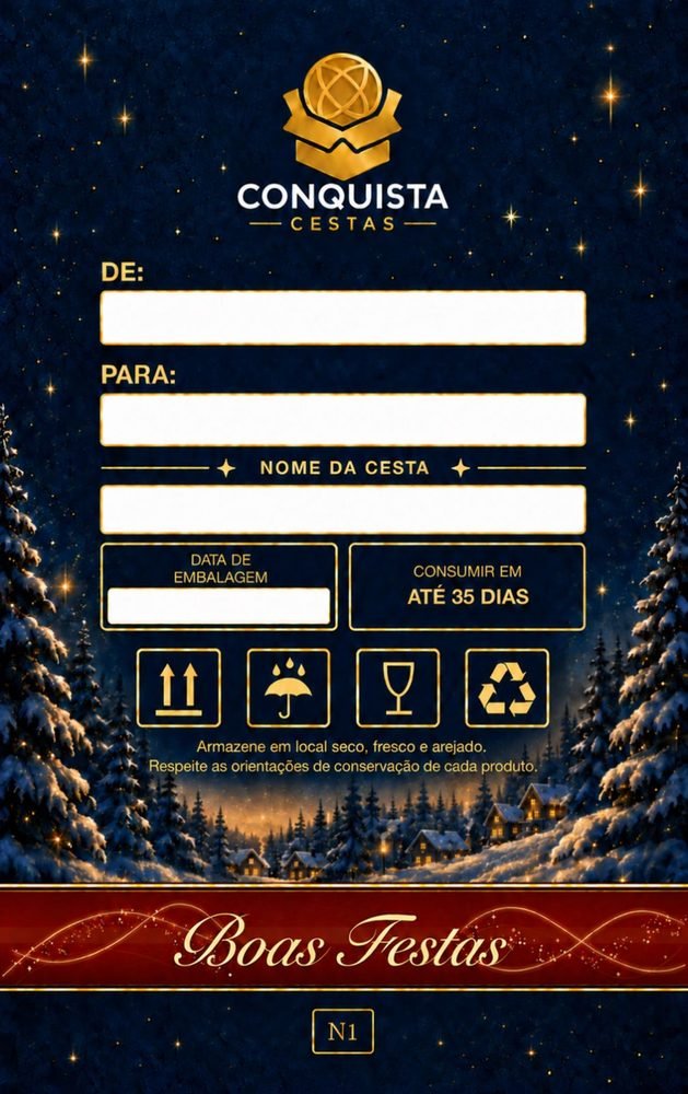 Etiqueta natalina Conquista com campos De e Para
